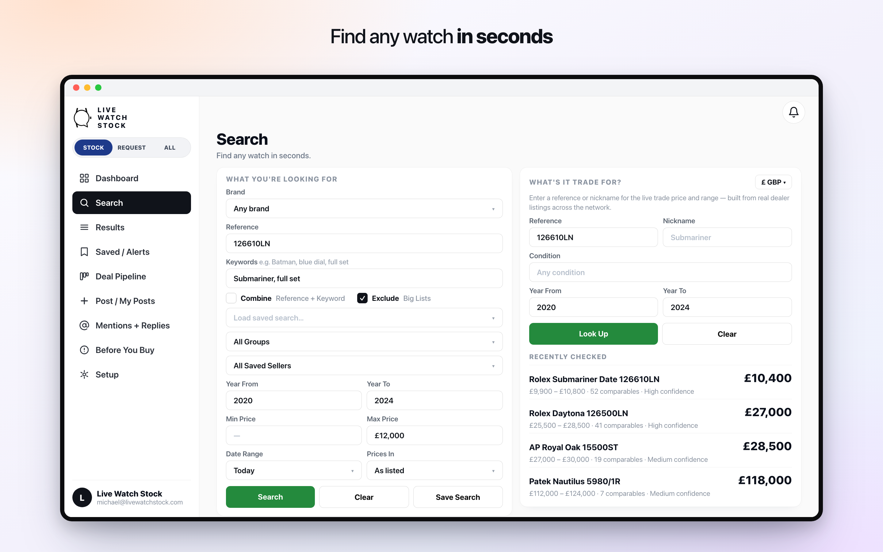 The Live Watch Stock search app on a laptop