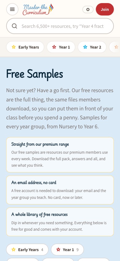 The free samples page on an iPhone